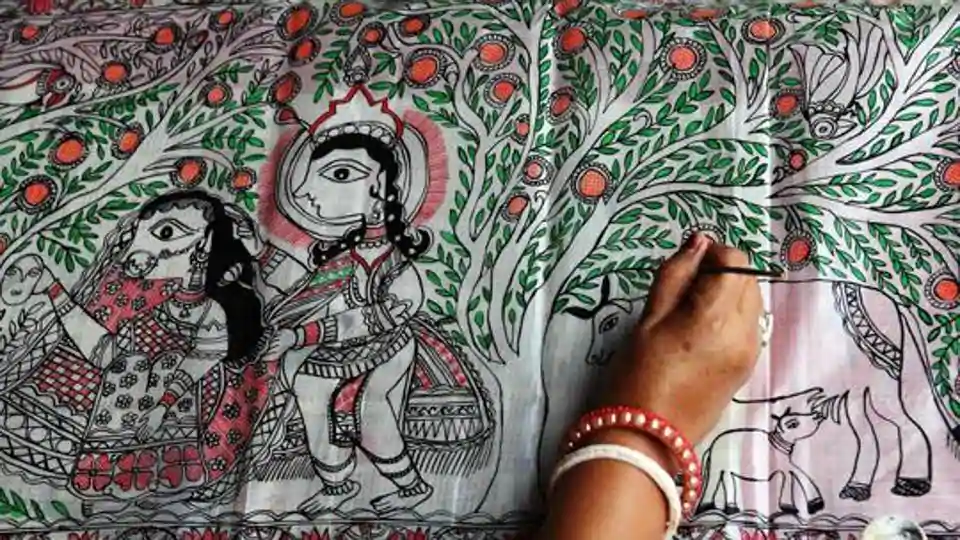 Madhubani or Mithila Painting on a saree